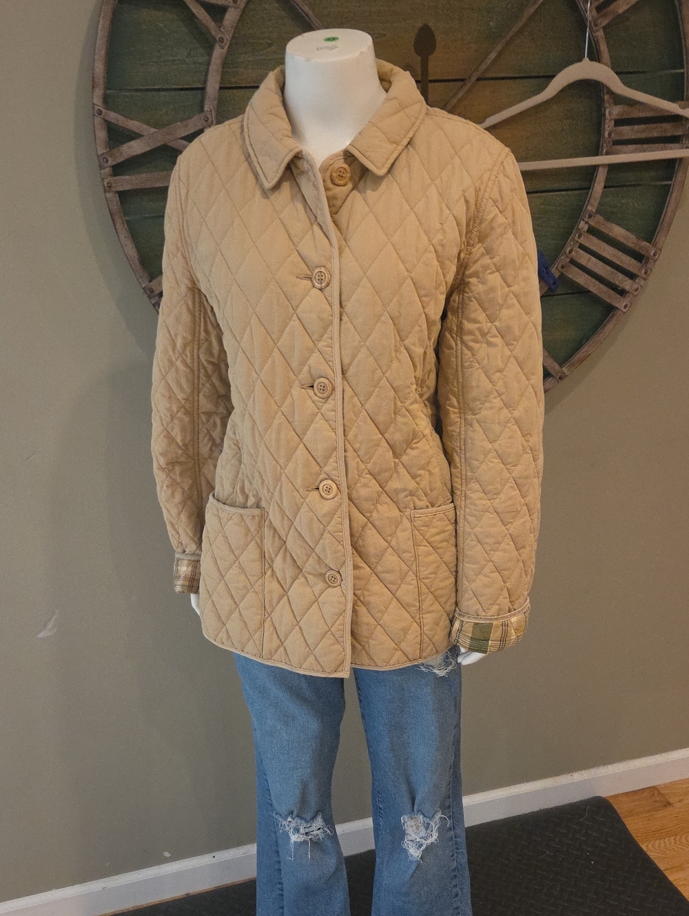 Vintage L.L Bean Diamond Quilted Tan Chore/ Riding Jacket contrasting lining